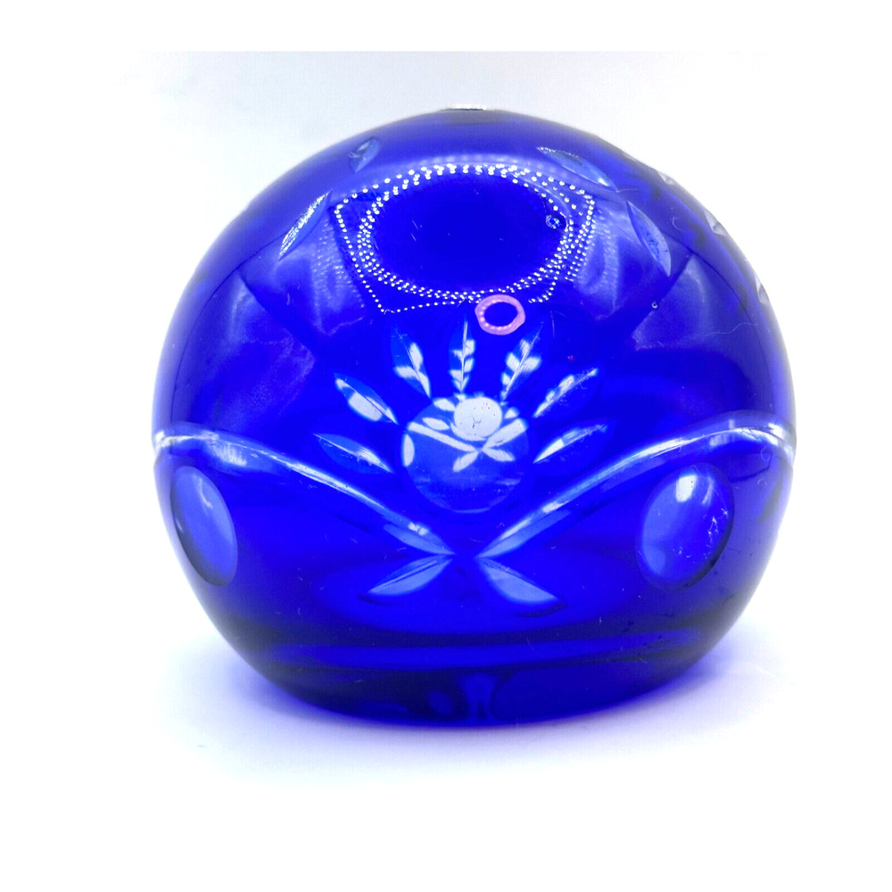 Vintage Cobalt Blue Etched Floral Art Glass Round Paper Weight Made in Romania